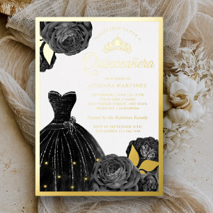 Invitation En Aluminium Robe noire scintillante Roses grises Quinceanera O