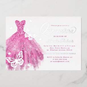 Invitation En Aluminium Robe papillon argent rose élégante Quinceanera