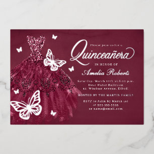 Invitation En Aluminium Robe papillon argentée de Bourgogne pour Quinceane