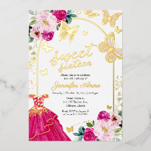 Invitation En Aluminium Robe papillon Sweet Sixteen rose vif or