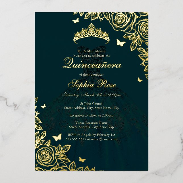 Invitation En Aluminium Robe Rose Emerald Gold Quinceanera (Recto)
