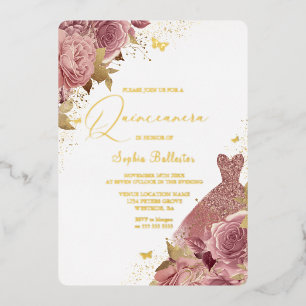Invitation En Aluminium Robe rose enchantée florale Quinceanera or véritab