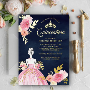 Invitation En Aluminium Robe rose Floral Princesse Marine Quinceanera Or