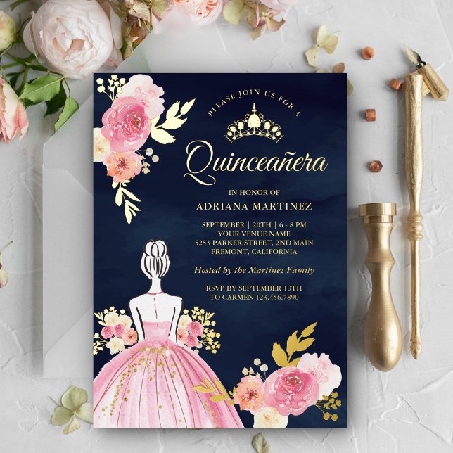 Invitation En Aluminium Robe rose Floral Princesse Marine Quinceanera Or (Créateur téléchargé)