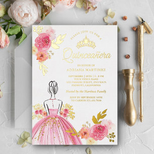 Invitation En Aluminium Robe rose Florale Princesse Quinceanera Or