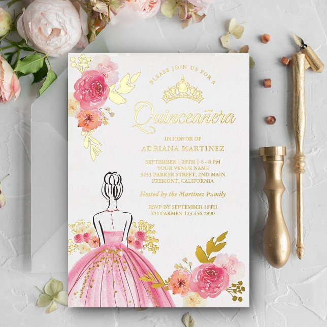 Invitation En Aluminium Robe rose Florale Princesse Quinceanera Or (Créateur téléchargé)