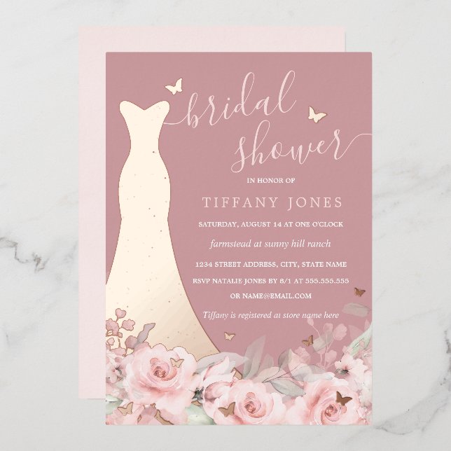 Invitation En Aluminium Robe rose florale rougeoyante Mariage  (Recto/Verso)