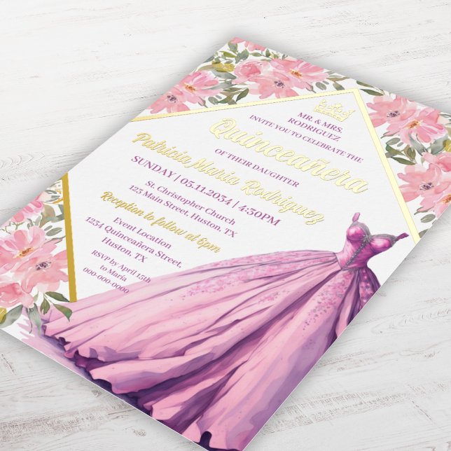 Invitation En Aluminium Robe rose florale violet élégant Quinceanera Or (Floral Pink Purple Dress Elegant Quinceanera Gold Foil Invitation
)