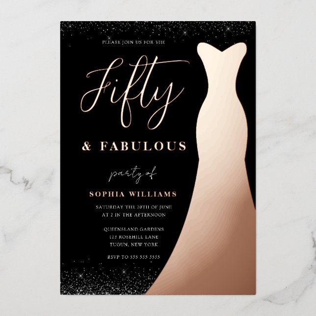 Invitation En Aluminium Robe Rose Gold Fifty & Fabulous 50e Anniversaire R (Recto)