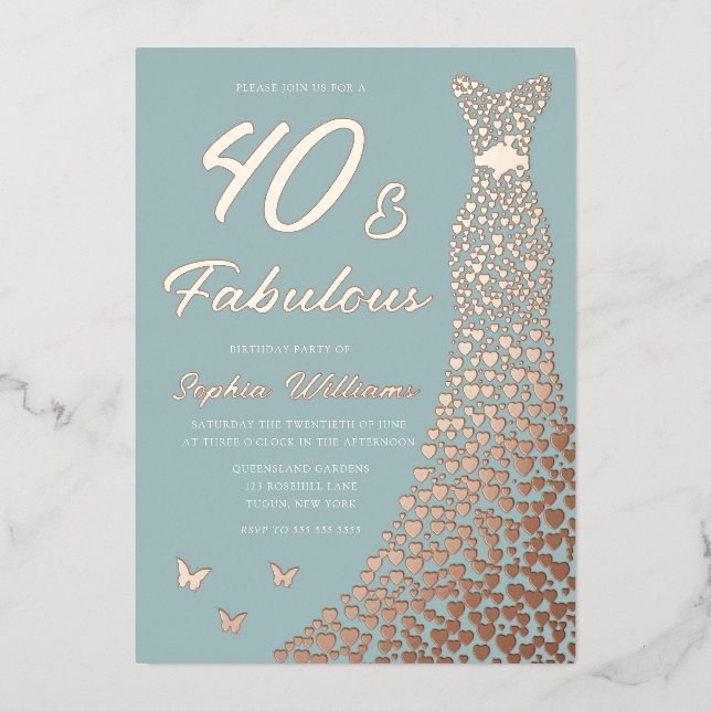 Invitation En Aluminium Robe rose Gold Foil 40 et fabuleux 40e anniversair (Recto)