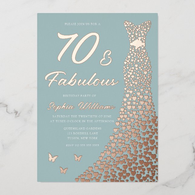 Invitation En Aluminium Robe rose Gold Foil 70 et fabuleux 70e anniversair (Recto)