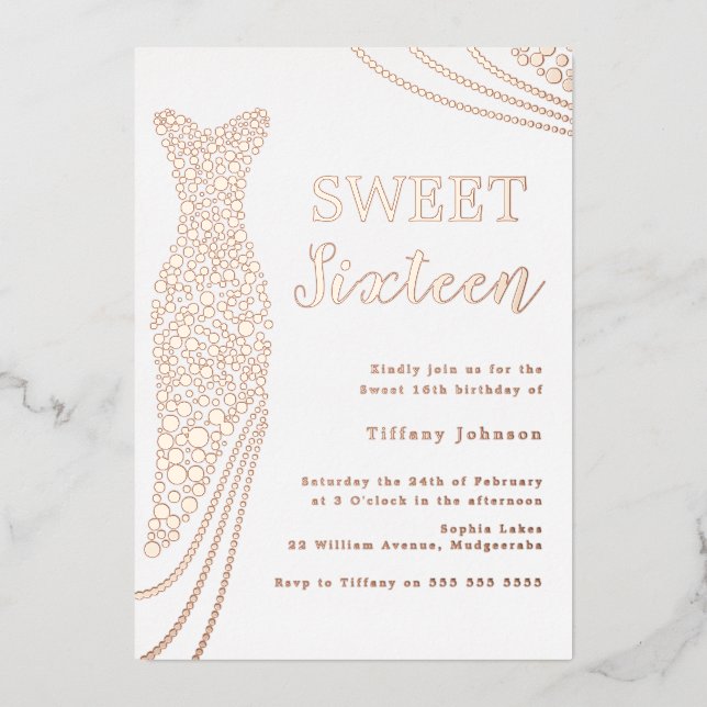 Invitation En Aluminium Robe rose or élégant à huile douce 16 Anniversaire (Recto)