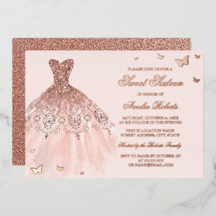 Invitation En Aluminium Robe rose OR FOIL Papillon Sweet sixteen 