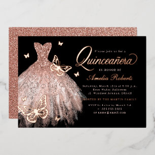 Invitation En Aluminium Robe rose or noir papillon Quinceanera