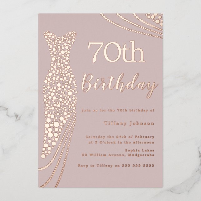Invitation En Aluminium Robe rose or rose élégant 70e anniversaire (Recto)