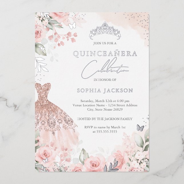 Invitation En Aluminium Robe rose pâle argentée Quinceanera (Recto)