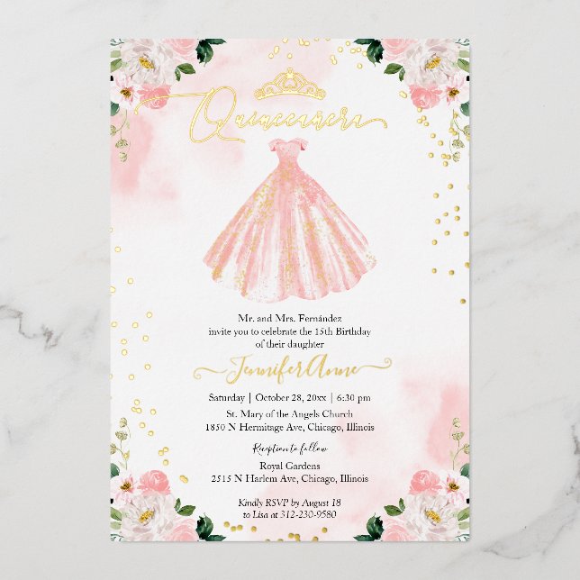 Invitation En Aluminium Robe rose Quinceanera  (Recto)