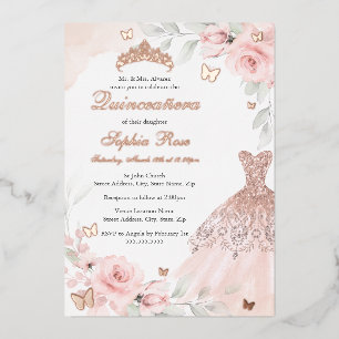 Invitation En Aluminium Robe Rose rose papillon Quinceanera