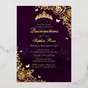 Invitation En Aluminium Robe Rose violet or Quinceanera