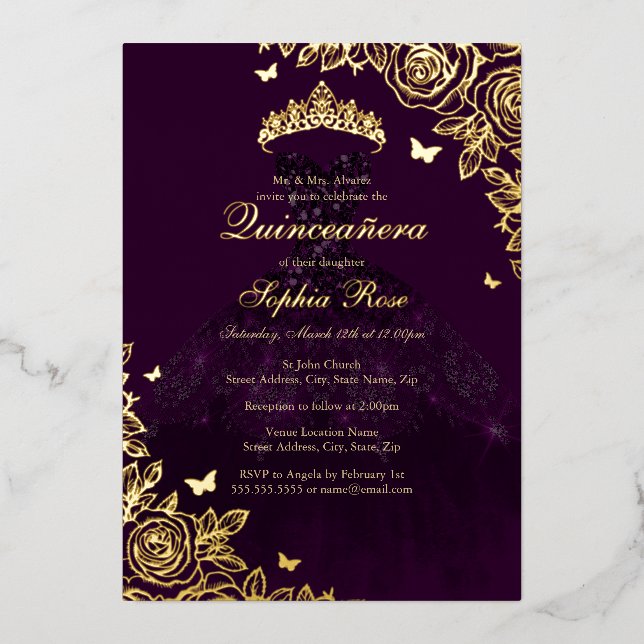 Invitation En Aluminium Robe Rose violet or Quinceanera (Recto)