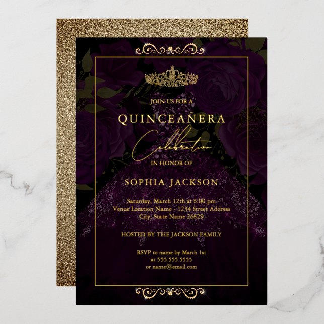 Invitation En Aluminium Robe Rose violet or Quinceanera (Recto/Verso)