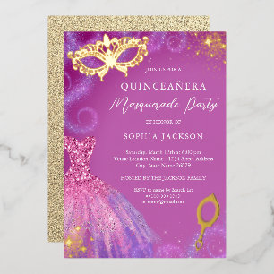 Invitation En Aluminium Robe rose violet pour soirée masquée Quinceanera