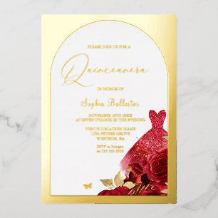 Invitation En Aluminium Robe rouge enchantée Blush Floral Quinceanera Or