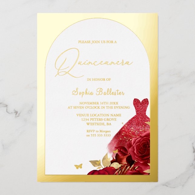 Invitation En Aluminium Robe rouge enchantée Blush Floral Quinceanera Or (Recto)