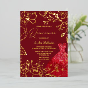 Invitation En Aluminium Robe rouge feuilles florales dorées Sweet 16