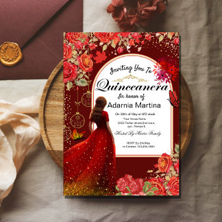 Invitation En Aluminium Robe Rouge Floral Papillon Quinceanera Or