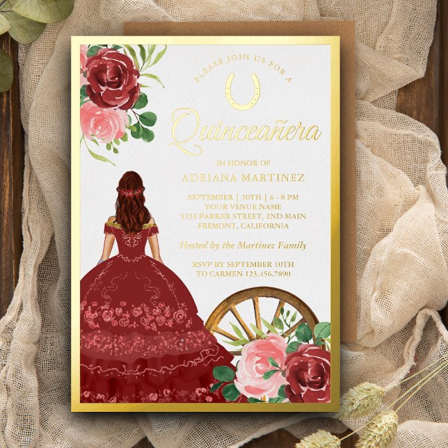 Invitation En Aluminium Robe Rouge Florale Rustique Charro Quinceanera Or (Créateur téléchargé)