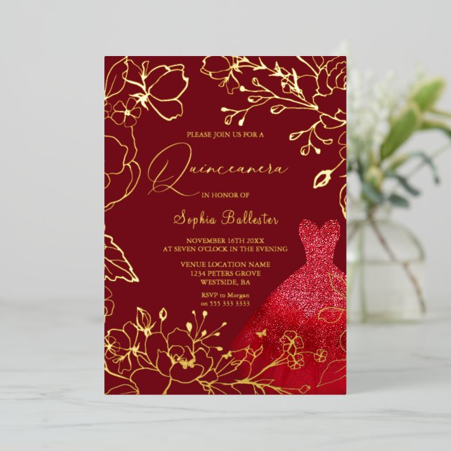 Invitation En Aluminium Robe rouge Or Floral Feuille Sweet 16 (Debout devant)
