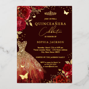 Invitation En Aluminium Robe rouge or papillon floral Quinceanera