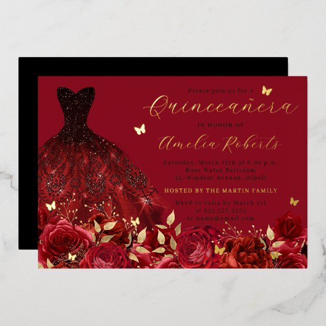 Invitation En Aluminium Robe Rouge Papillon Floral Or (Recto/Verso)