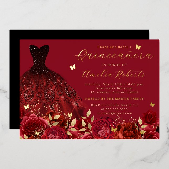 Invitation En Aluminium Robe Rouge Papillon Floral Or (Recto/Verso)