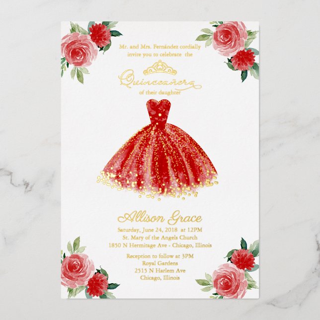 Invitation En Aluminium Robe rouge Quinceanera (Recto)