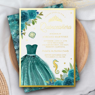 Invitation En Aluminium Robe sarcelle sous la mer Mermaid Quinceanera or