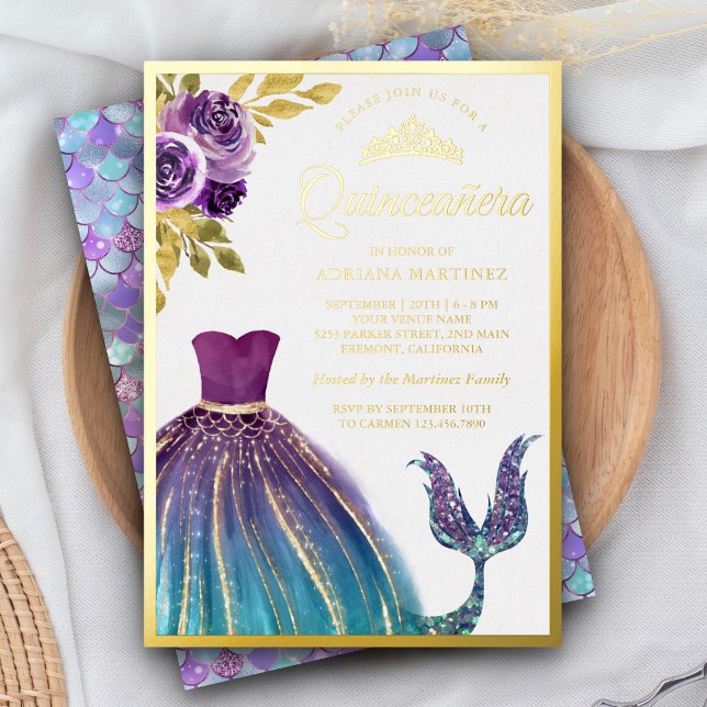 Invitation En Aluminium Robe sarcelle violette queue de sirène Quinceanera (Créateur téléchargé)