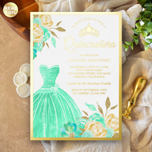 Invitation En Aluminium Robe scintillante verte menthe florale Quinceanera