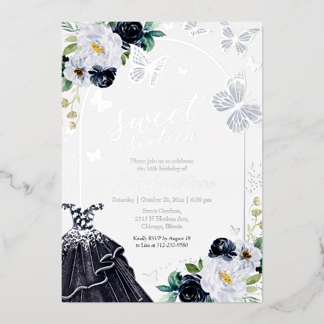 Invitation En Aluminium Robe Sweet sixteen papillon bleu foncé Argent (Recto)