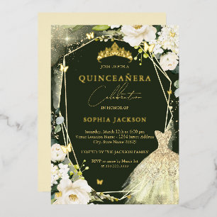 Invitation En Aluminium Robe Tiara Vert or quinceanera