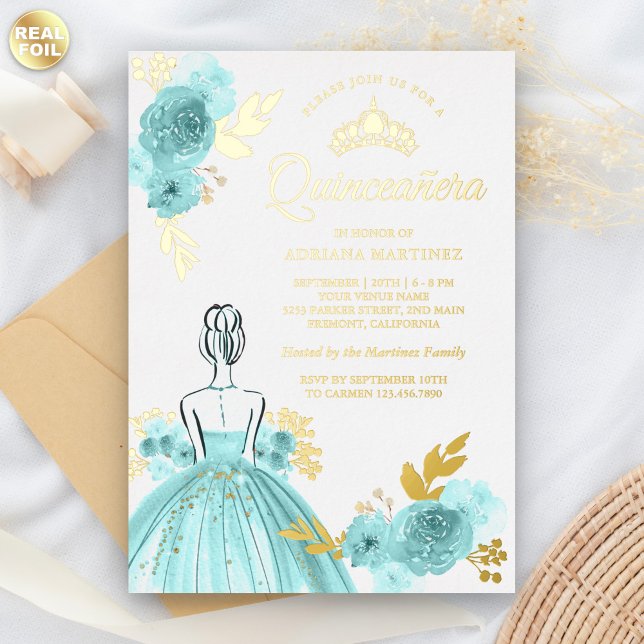 Invitation En Aluminium Robe turquoise Florale Princesse Quinceanera Or (Créateur téléchargé)