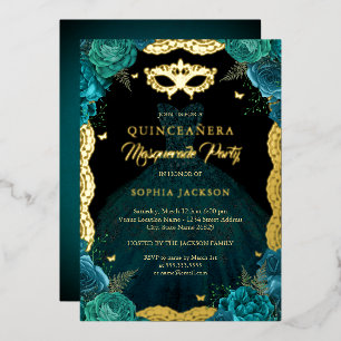 Invitation En Aluminium Robe turquoise Gold Masquerade de fête Quinceanera