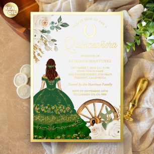 Invitation En Aluminium Robe verte florale en ivoire Charro Quinceanera or
