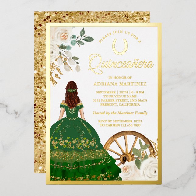 Invitation En Aluminium Robe verte florale ivoire Charro Quinceanera Or (Recto/Verso)