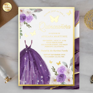 Invitation En Aluminium Robe violette Papillon floral Quinceanera Or
