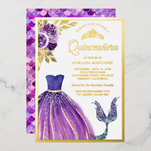 Invitation En Aluminium Robe violette Queue de sirène Quinceanera Or