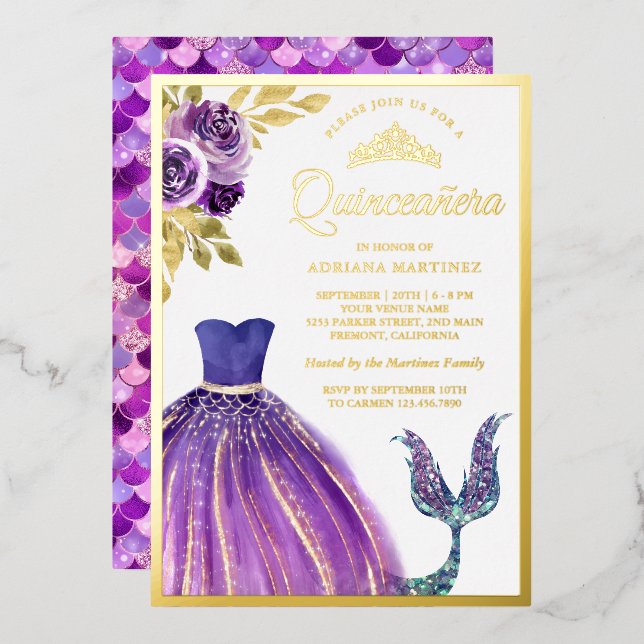 Invitation En Aluminium Robe violette Queue de sirène Quinceanera Or (Recto/Verso)