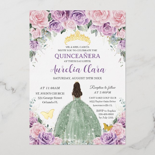 Invitation En Aluminium Robe violette rose floral vert sauge pour Quinceañ (Recto)