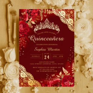 Invitation En Aluminium Robes de Quinceanera en dentelle florale rouge or